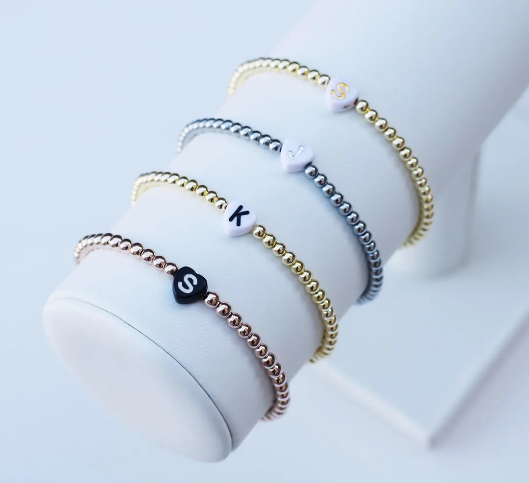 Heart Initial Bracelet | Initial Bead Bracelet | Initial Letter Charm Bracelet | Monogram Bracele... | Etsy (US)