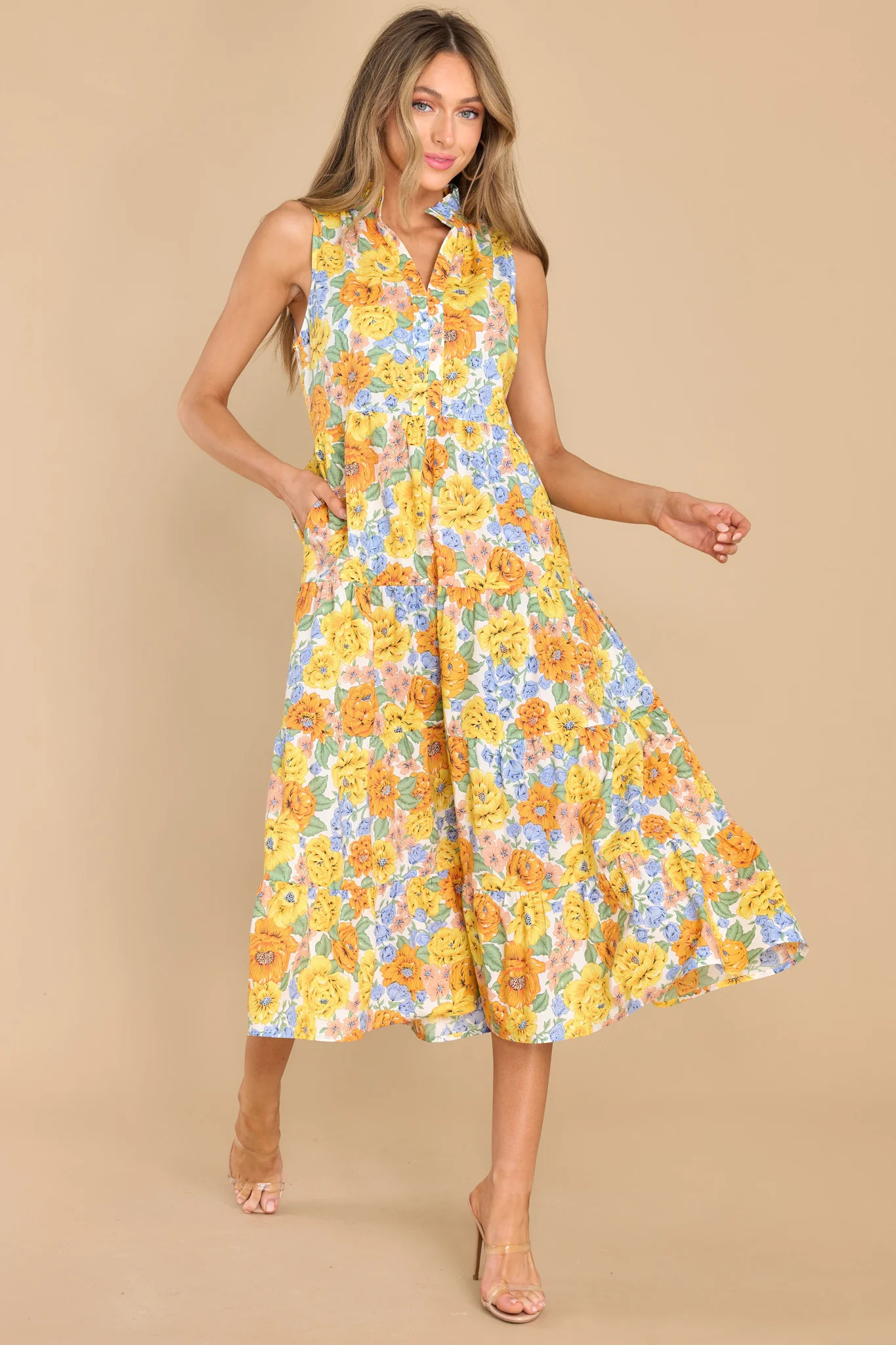 Groovy Girl Yellow Floral Midi Dress | Red Dress 
