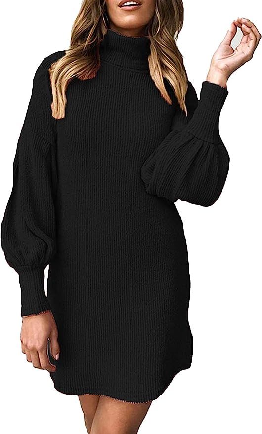 TOLENY Women's Knit Turtleneck Dresses Ballon Sleeve Mini Sweater Dress S-3XL | Amazon (US)