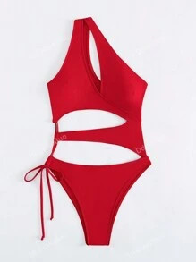 Solid Color Cut-Out One-Shoulder Swimsuit, Sexy Beach Vacation Outfit For Women Summer | SHEIN