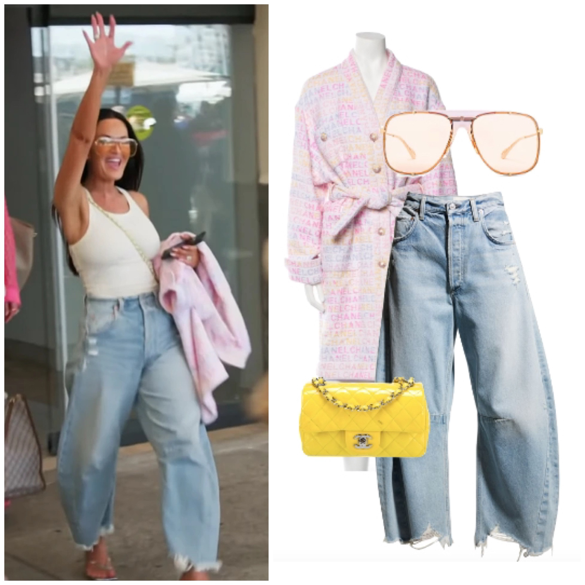 Lisa Barlow’s Horseshoe Jeans, Pink Printed Cardigan, Yellow and Pink Sunglasses and Yellow Chanel Purse