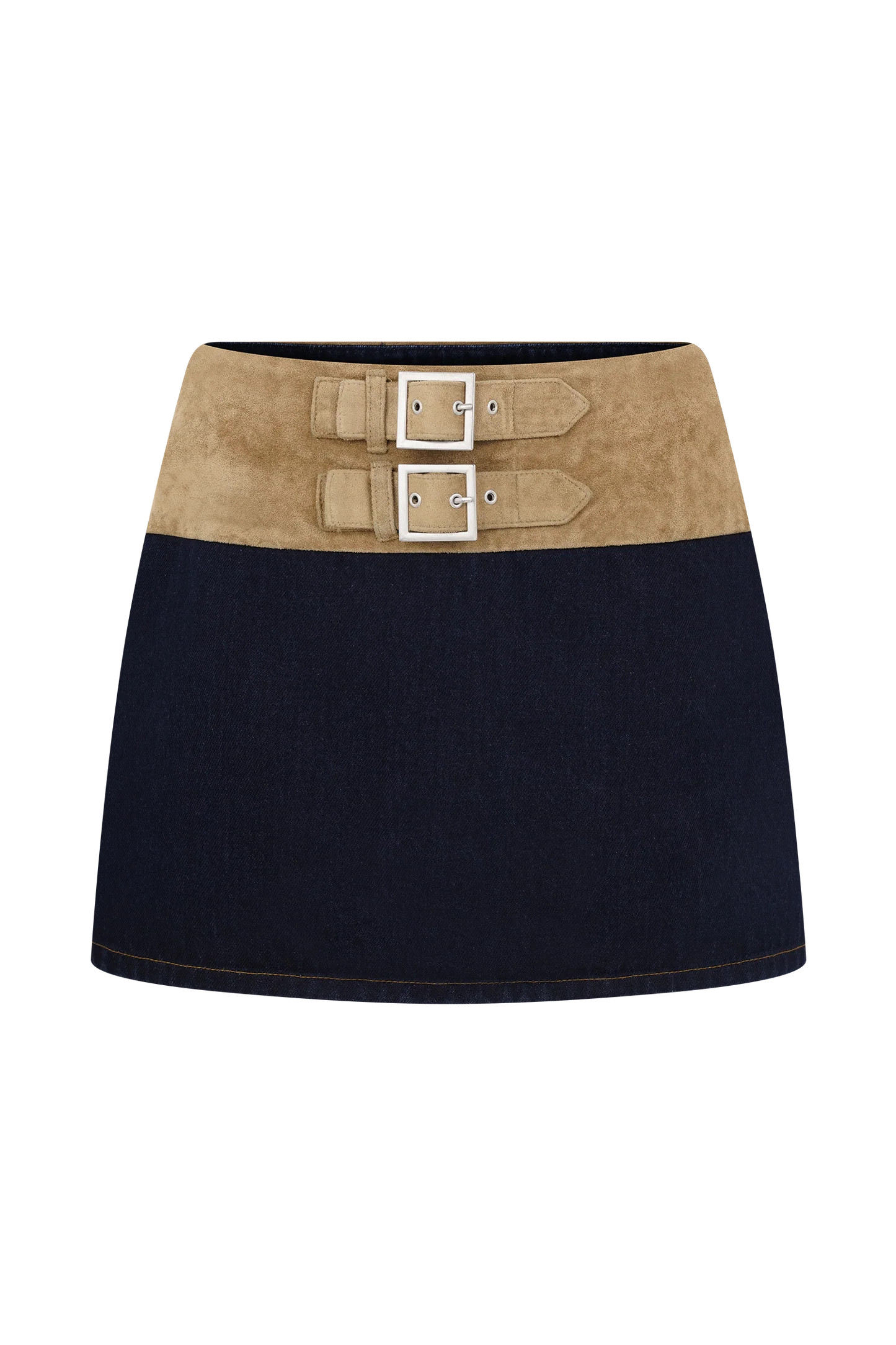 Faux Suede Belted Denim Mini Skirt - Indigo Blue | MESHKI US