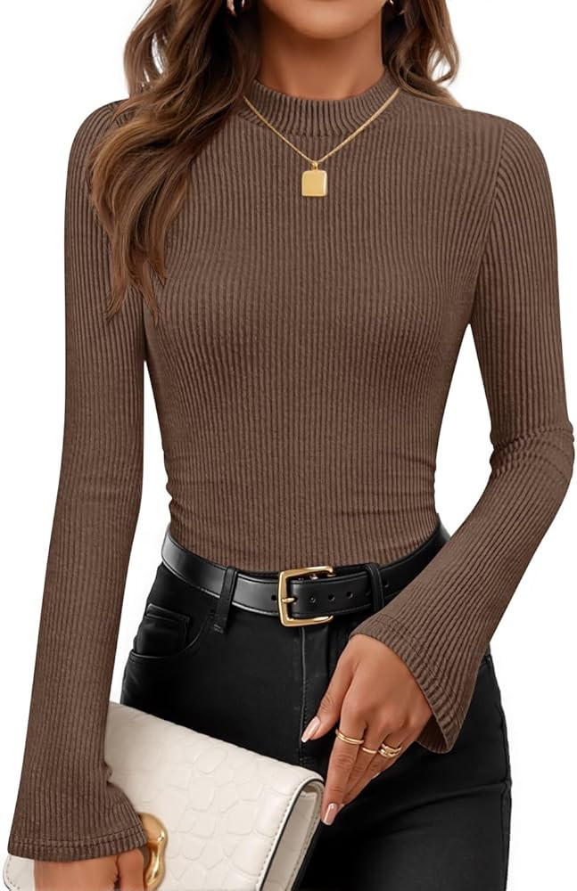 ZESICA Women's Long Sleeve Shirts 2025 Fall Mock Neck Ribbed Knit Slim Fit Tops Basic Tees Dressy... | Amazon (US)
