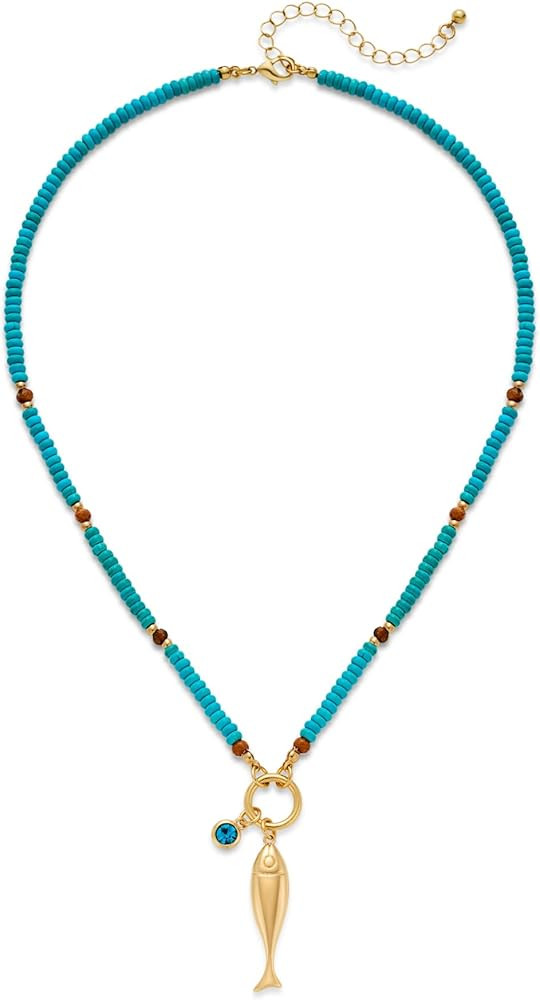 Gold Fish Necklace For Women Blued Beaded Strand Toggle Necklace With Gold Fish Pendants Dainty S... | Amazon (US)