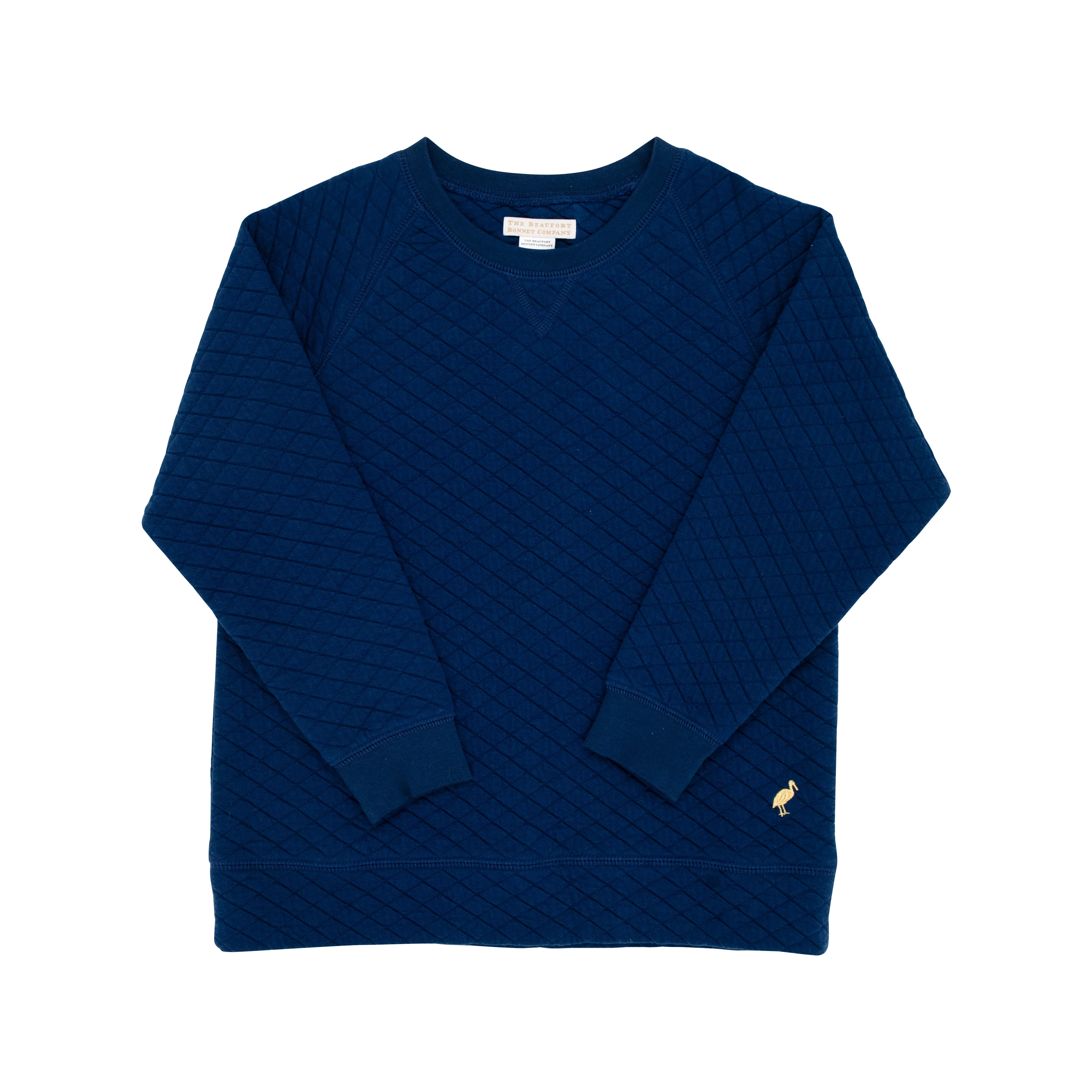 Cassidy Comfy Crewneck - Nantucket Navy Quilted with Metallic Gold Stork | The Beaufort Bonnet Company