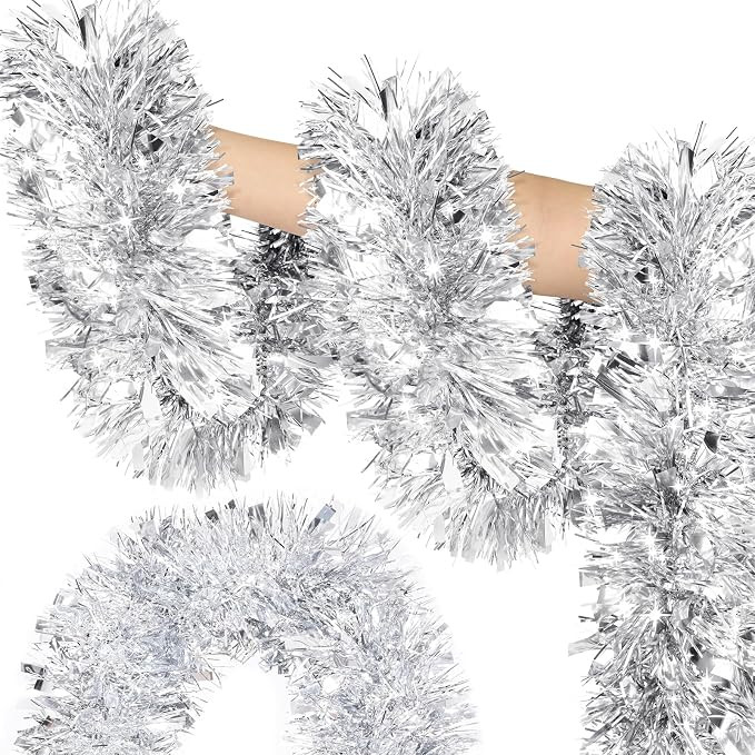50FT Silver Christmas Tinsel Garland, Metallic Twist Shiny Hanging Garland Ornaments for Xmas Tre... | Amazon (US)
