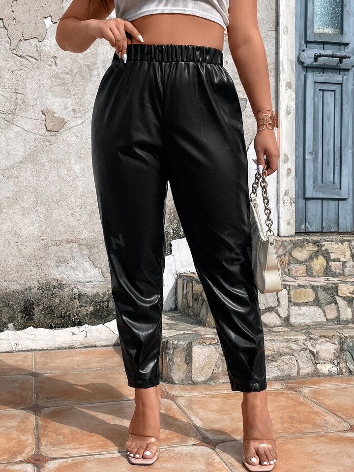 SHEIN LUNE Plus Elastic Waist PU Leather Pants | SHEIN