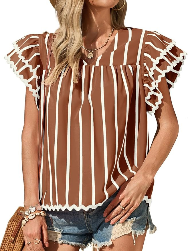 Tankaneo Womens Ruffle Short Sleeve Blouse V Neck Striped Pleated Trim Shirts Summer Casual Loose... | Amazon (US)