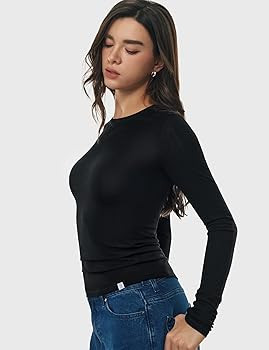 Women's Long Sleeve Shirts Merino Wool Blend Crew Neck Tops Fitted Basic Tee Cozy Embrace Collect... | Amazon (US)