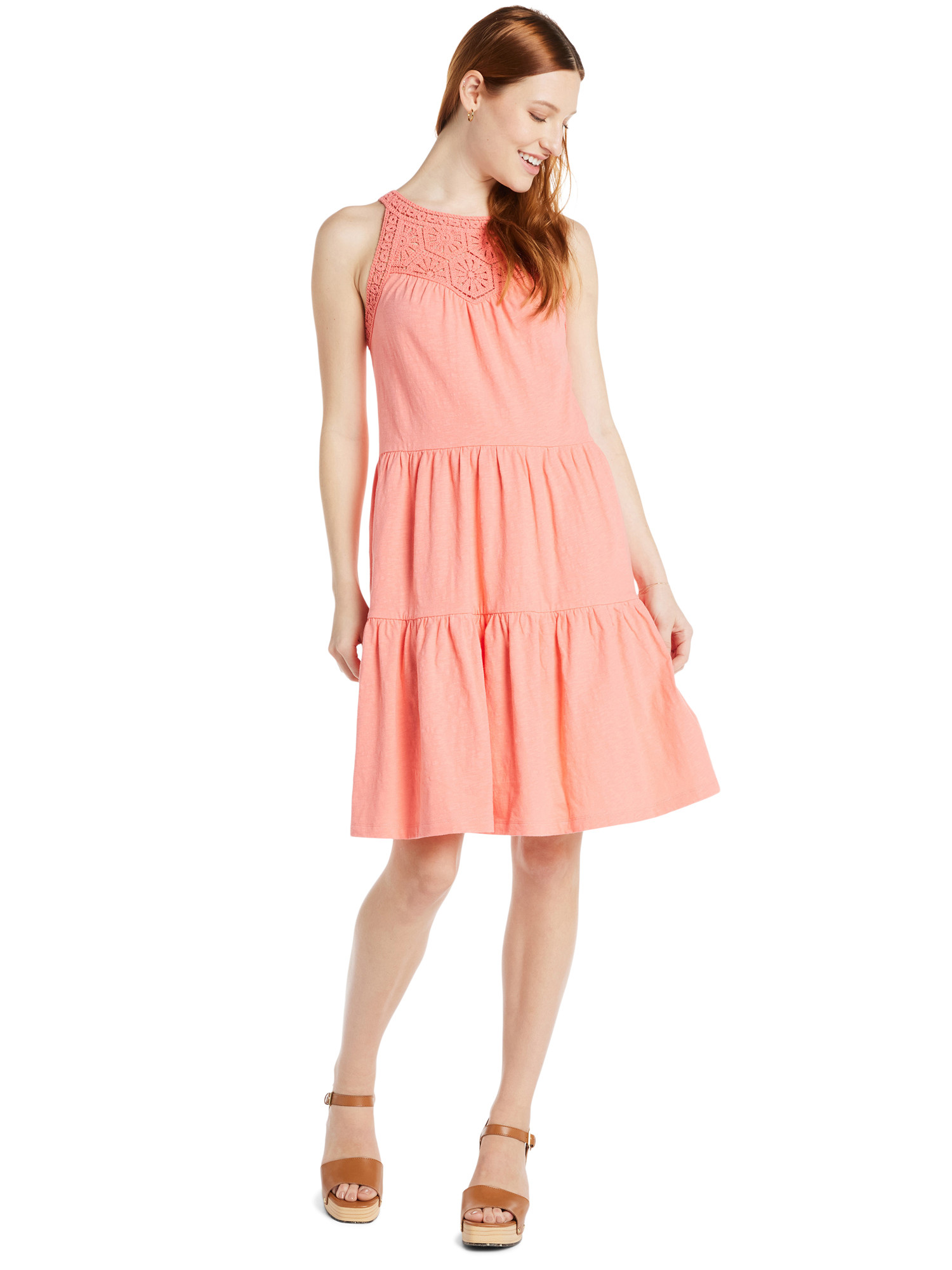 Time and Tru Women's Sleeveless Tiered Cotton Dress with Crochet Trim, Sizes XS-XXXL | Walmart (US)