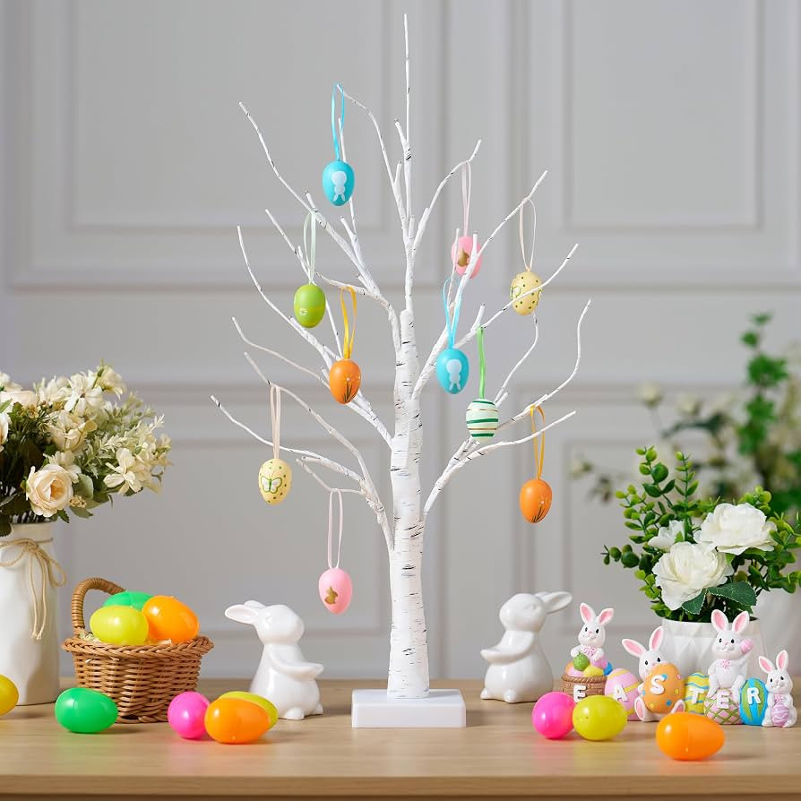 JOYIN Easter Table Tree with Lights, 60cm White Tree Decorations with 10 Various Eggs, Twig Light... | Amazon (UK)