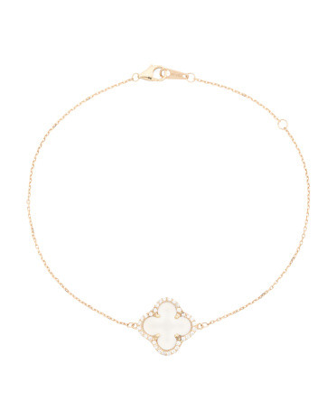 Made In The Usa 14kt Gold Cz Mother Of Pearl Clover Bracelet | TJ Maxx