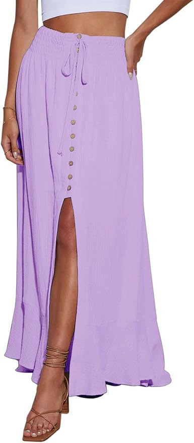 Minclouse Women's Elastic Tie Waist Button Down Maxi Skirts Casual Loose Flowy Swing Slit Front D... | Amazon (US)