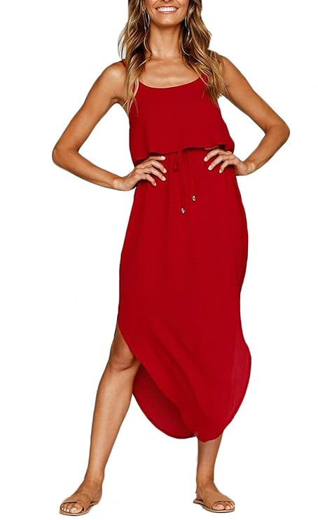 OURS Women's Casual Adjustable Spaghetti Straps Sleeveless Sundress Split Beach Midi Dress | Amazon (US)