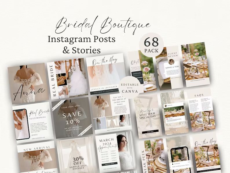 Bridal Boutique Instagram Posts & Stories, Wedding Dress Shop Social Media, Editable Canva Templa... | Etsy (US)