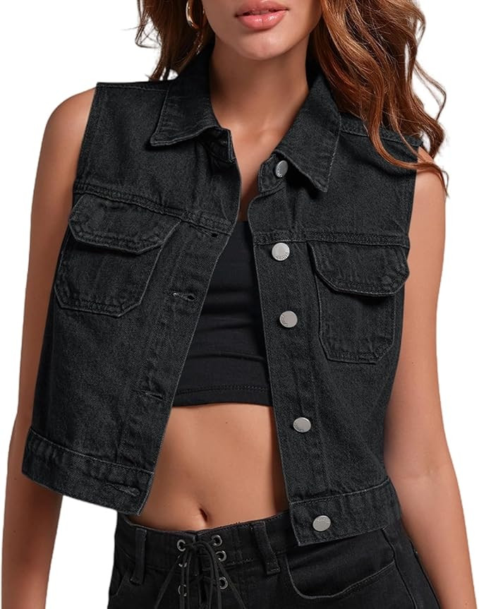 PLNOTME Womens Cropped Denim Vest Distressed Classic Summer Sleeveless Jean Vest Top Jackets | Amazon (US)