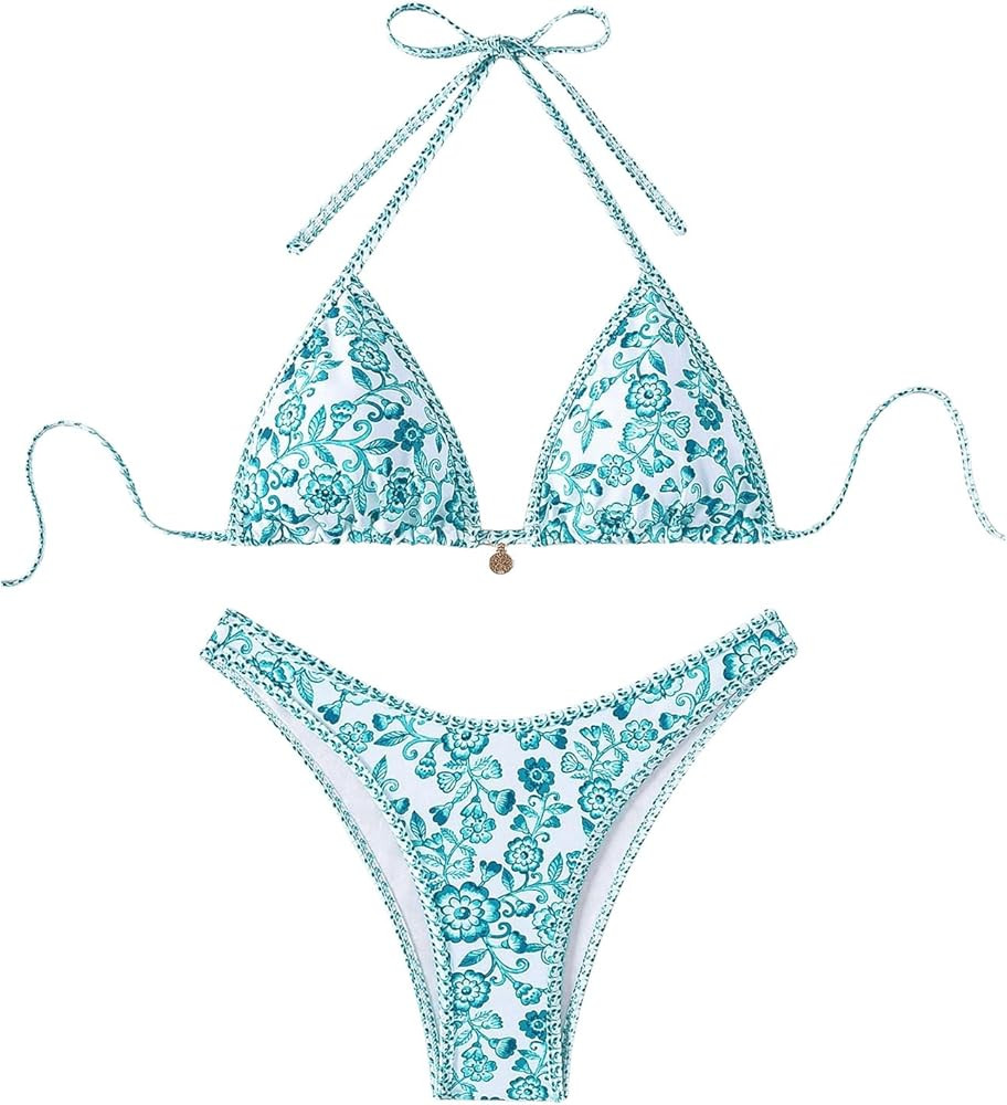GORGLITTER Women's High Cut Thong Bikini Set Floral Boho Halter Triangle Top Swimsuit Bathing Sui... | Amazon (US)