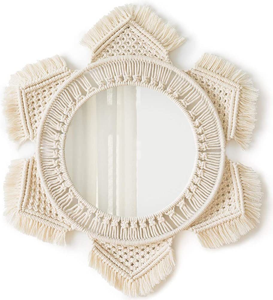 Mkono Hanging Wall Mirror Round Nursery Decor Boho Mirror with Macrame Fringe for Bedroom Living ... | Amazon (US)