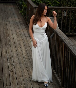 Gianni Bini x Caelynn Bell Mary Satin Chiffon V-Neck Sleeveless Drop Waist Maxi Dress | Dillard's | Dillard's