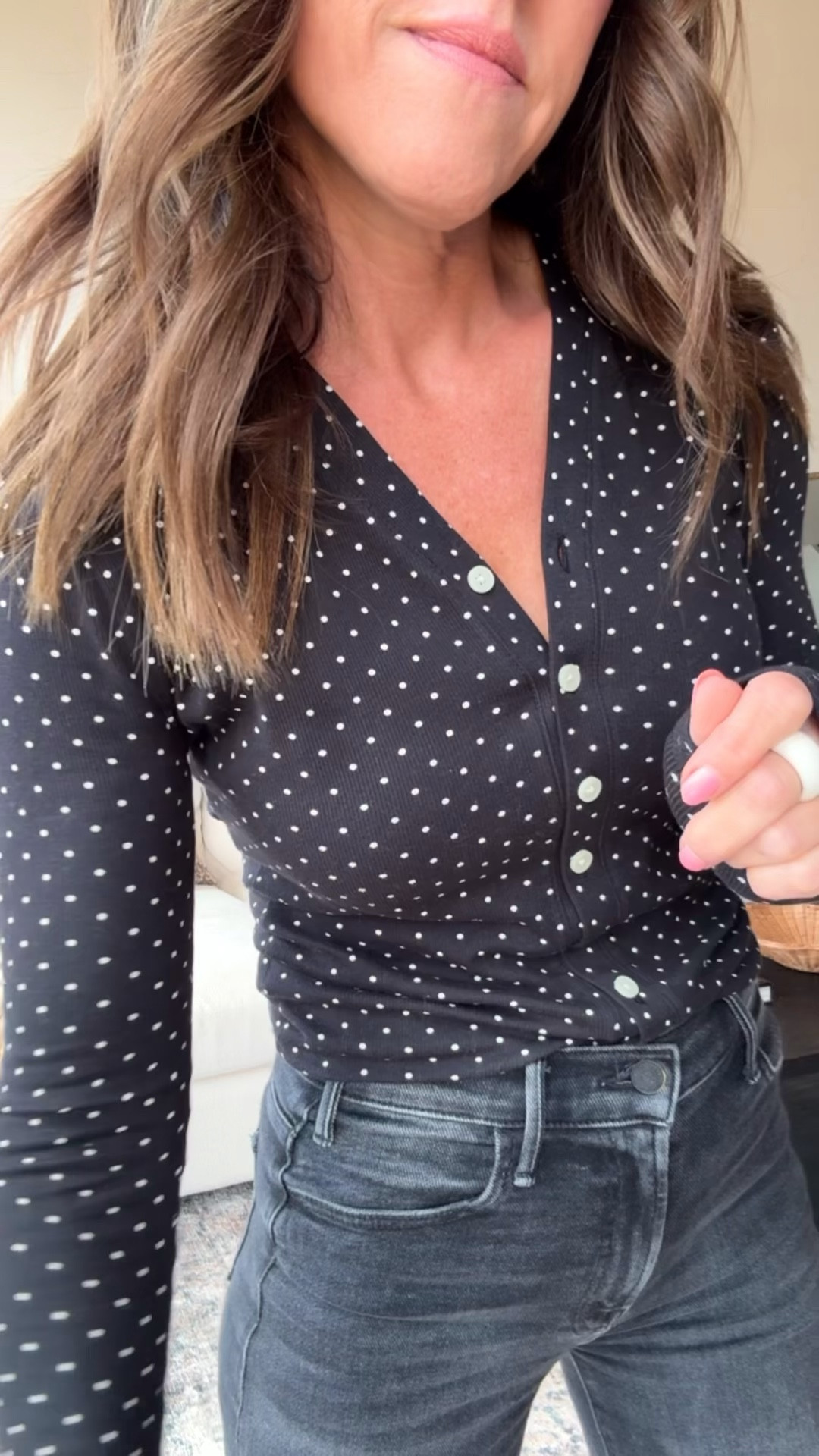 Cute little polka dot cardigan tee on sale! 
XS here. 
Jeans tts in the petite version here  

#LTKmomlife #LTKOver40