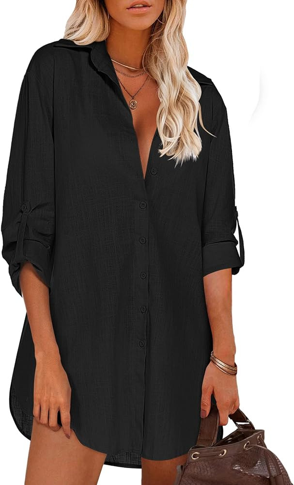 Hotouch Women Boyfriend Shirts Button Down Long Sleeve Blouse Cuffed Sleeve Collared Shirt | Amazon (US)