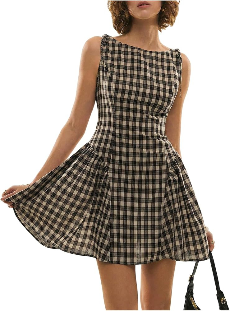 OYOANGLE Women's Vintage Gingham Mini Dress Boat Neck A Line Dresses | Amazon (US)