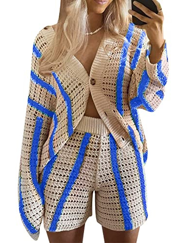 Gihuo Women' s Y2K 2 Piece Knit Outfits Striped Sweater Shorts Set Color Block Long Sleeve Button... | Amazon (US)