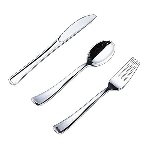 300 Plastic Silverware Set - Silver Cutlery Set - Disposable Flatware Set - 100 Forks - 100 Spoon... | Amazon (US)
