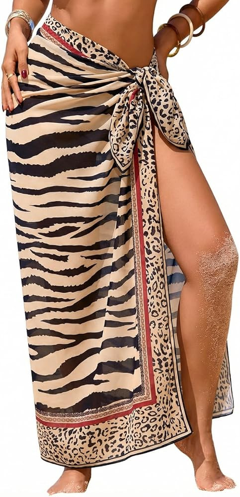 Women Sheer Sarong High Slit One Size Swimsuit Coverups 2026 Summer Floral Print Chiffon Wraps Be... | Amazon (US)