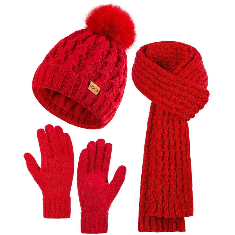 REDESS Winter Women's Beanie Hat Scarf Gloves Set, Fleece Lined Winter Hat with Pom Pom,Red | Walmart (US)