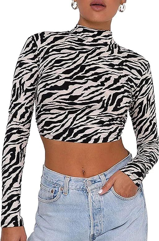 Women's Sexy Backless Crop Top Mock Neck Slim Fit Long Sleeve Shirt | Amazon (US)
