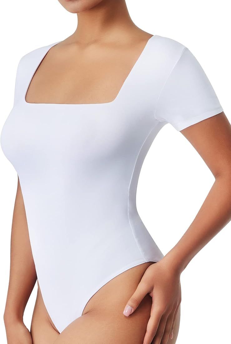 ALGALAROUND Bodysuit for Women Square Neck Double Lined Short Sleeve Body Suits | Amazon (US)