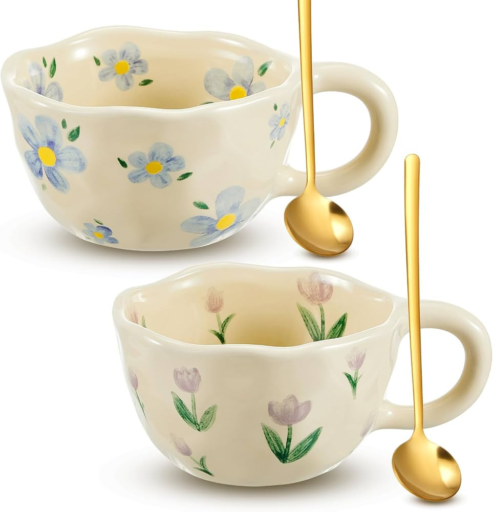 Vesici 2 tazas de café de cerámica con cuchara, tazas florales vintage con asa, 8.5 onzas, taza... | Amazon (US)