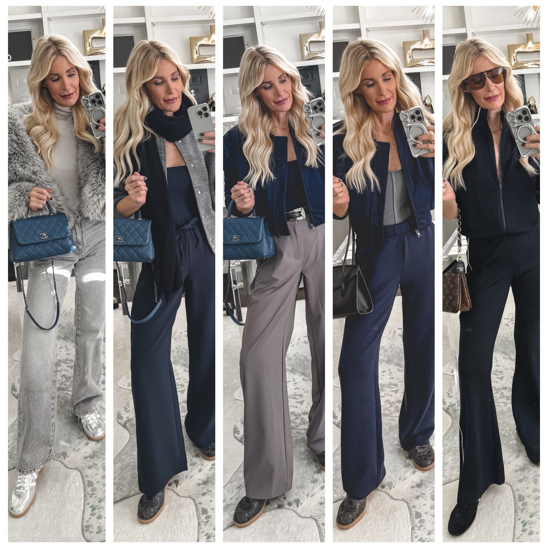 I’ve been getting so many requests for casual outfits, so here are five fabulous everyday looks that are comfortable and chic. ✨
Yes — style at 52 can be easy and elevated.

Look 1: Silver Adidas Sambas, gray Zara jeans, and a fun faux fur.
Look 2: Aritzia blue pants + Madewell gray bomber (elastic waist = travel perfect).
Look 3: Beyond Yoga gray pants + navy cropped bomber.
Look 4: Matching navy set with the same cropped bomber — such a good look.
Look 5: Spanx (on sale 👀) black flare pants with a white stripe + matching track jacket — so leg-lengthening.

Everything is super comfortable, runs true to size, and I’m wearing an XS in all pants and jackets.

Which look is your favorite?



#LTKootd #LTKdayinmylife #LTKOver40