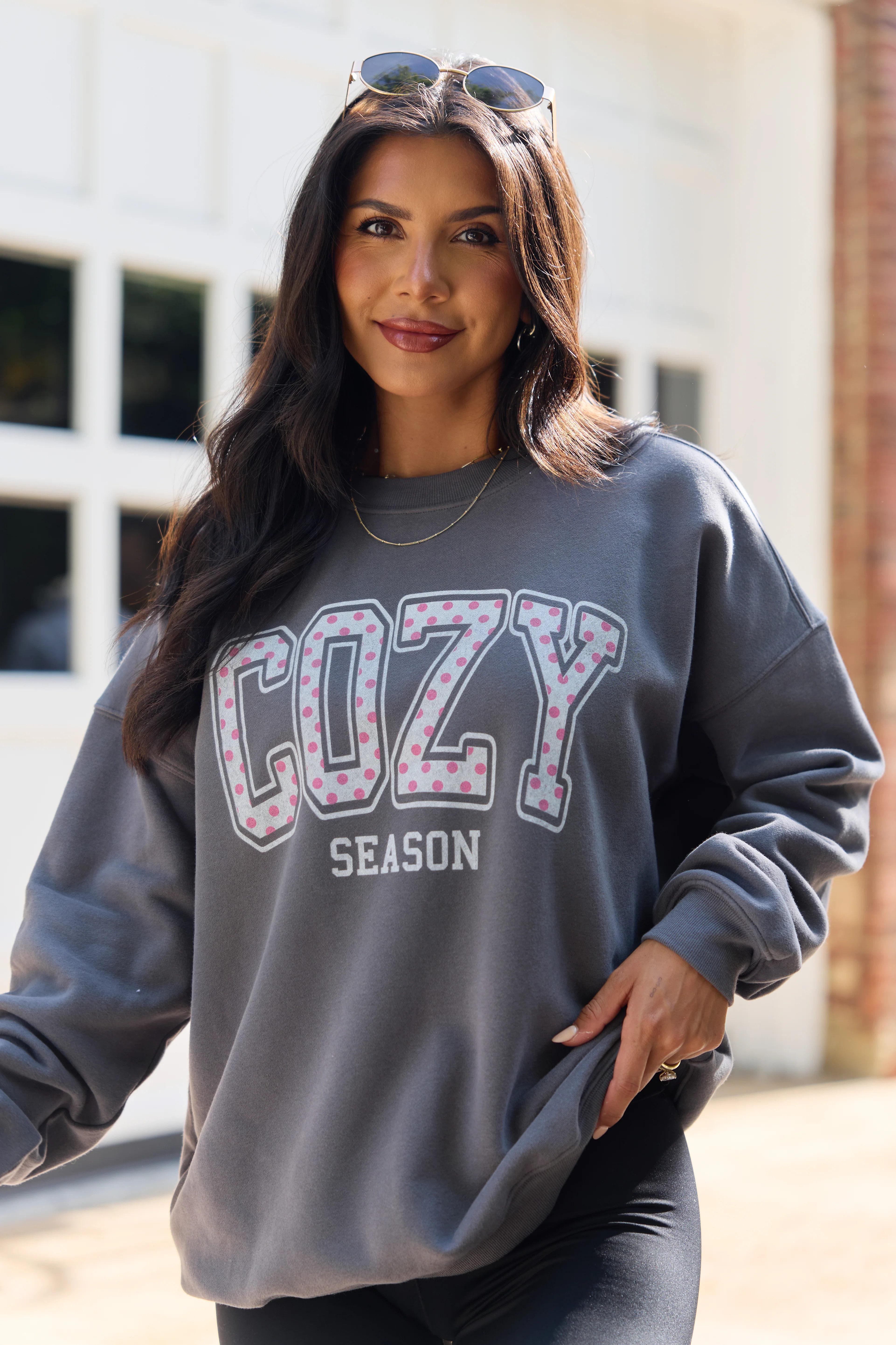Cozy Season Polka Dot Dark Grey Graphic Sweatshirt | Pink Lily