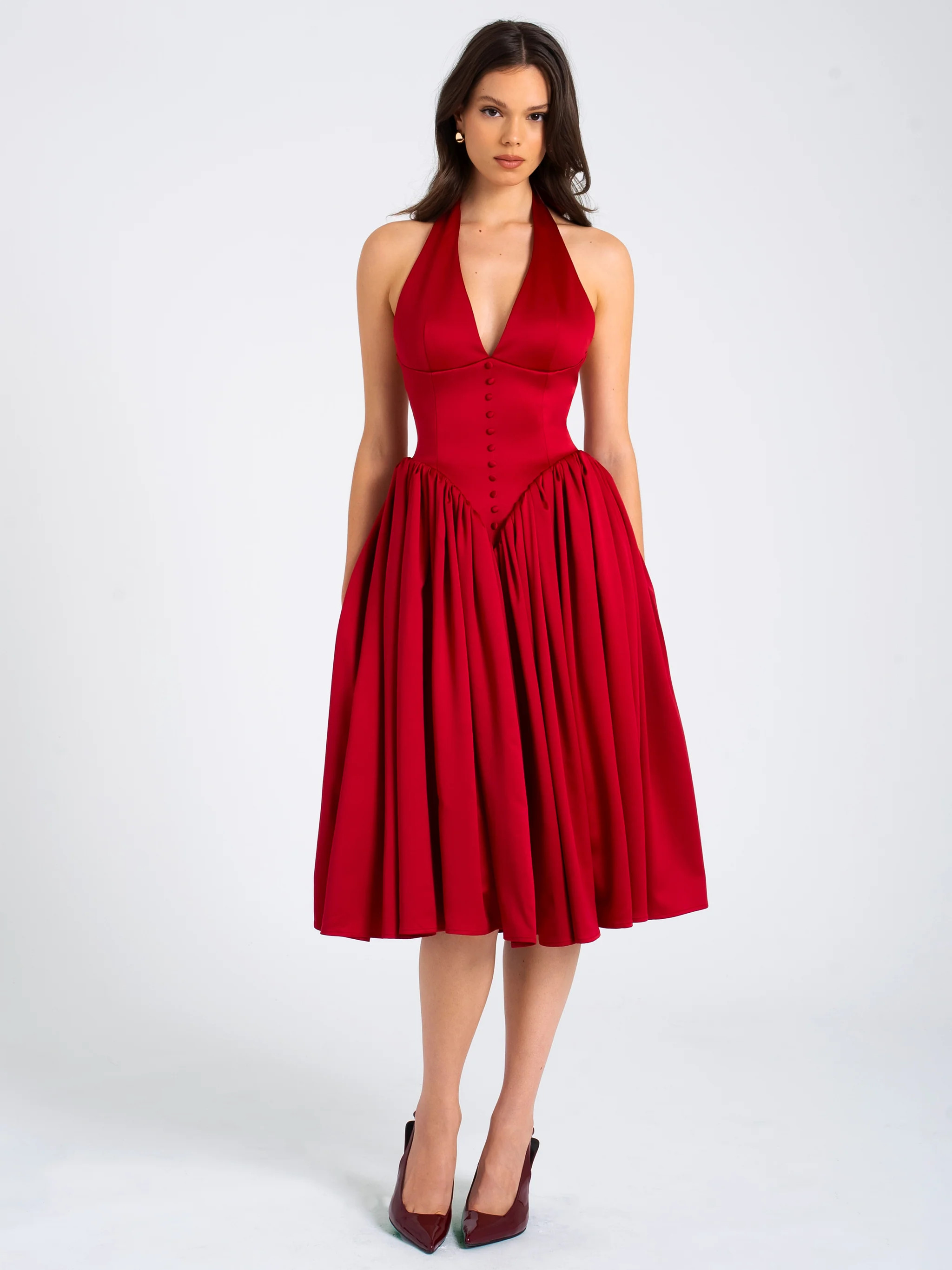 Cara Red Plunging Halter Backless Maxi Dress | Miss Circle