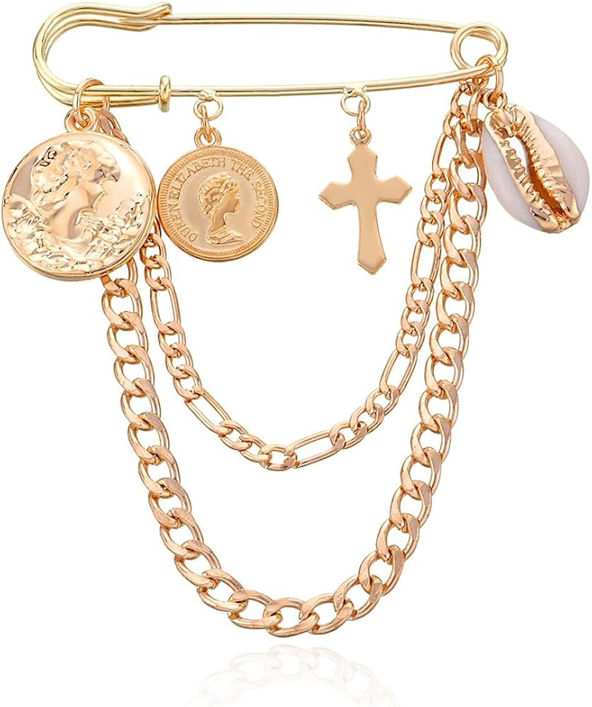 Gold Chain Brooch for Women Gold Star Moon Chain Tassel Brooch Pin Vintage Star Moon Cross Pearl ... | Amazon (US)