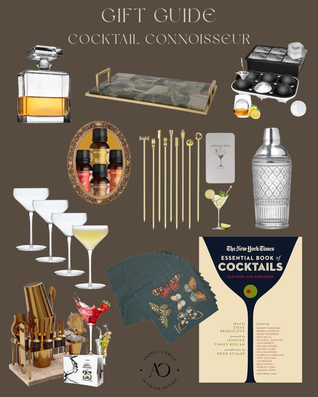 Best vintage style gift guide for the cocktail connoisseur in your life. Must have gifts for him. Metal cocktail martini picks. Ice mold tray cube and sphere set. Vintage cocktail napkins. Bitters sampler set. Essentials book of cocktails drink recipes coffee table book. Crystal whiskey decanter. Stainless steel cocktail shaker bar set. Coupe cocktail glasses set of 4. Crystal cocktail shaker. Agate stone tray home decor accent tray green and gold. Vintage heritage inspired gifts 

#LTKHoliday #LTKGiftGuide #LTKCyberWeek