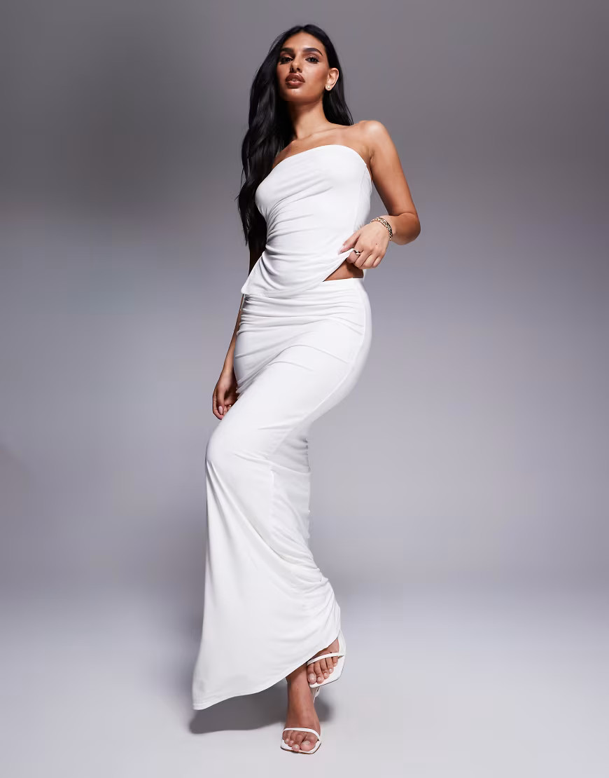 Kaiia Exclusive double layered slinky gathered tie side thigh slit maxi skirt in white - part of a set | ASOS (Global)