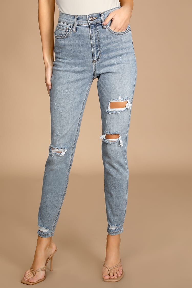 Forever Popular Medium Wash Distressed Denim High-Rise Mom Jeans | Lulus (US)
