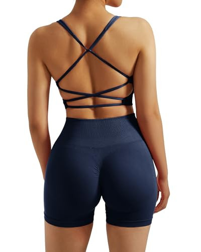 RXRXCOCO Seamless Workout Sets for Women 2 Piece Strappy Sports Bras Scrunch Butt Booty Shorts Matching Yoga Outfits Navy Small | Amazon (US)