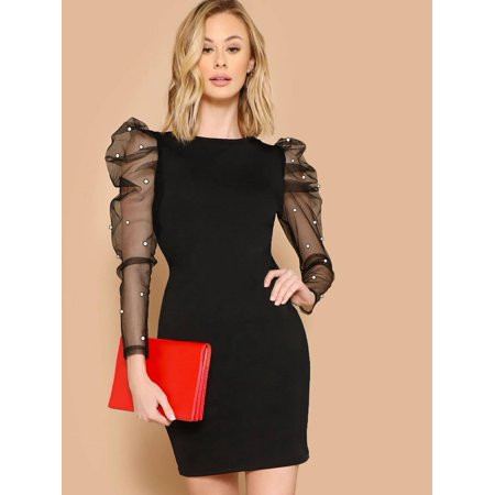 Women s Pearls Beaded Mesh Leg of mutton Sleeve Dress 2022 M(6) Black Elegant F046D | Walmart (US)