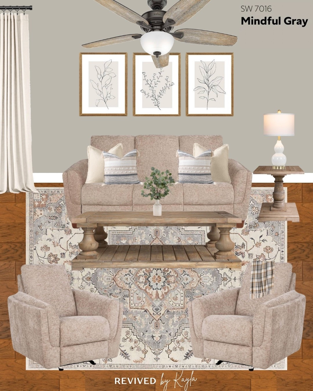 Cozy living room design with grey and taupe decor ✨ With paint color Mindful Gray by Sherwin Williams 

#livingroomdecor #livingroomfurniture #homedecor #homedesign #homeinspo #furniture #couch #recliner #rug #coffeetable #endtable #curtains #ceilingfan #throwpillows #lamp #walldecor #cozy #neutral #modern #inspo #moodboard 

#LTKHome #LTKFindsUnder50 #LTKFindsUnder100