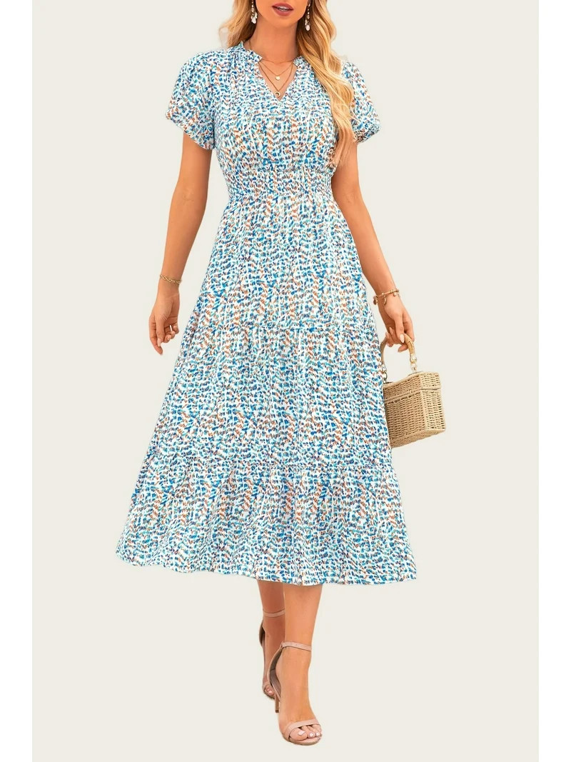 PRETTYGARDEN Summer Maxi Dress for Women Casual Wear To Work V Neck Puff Short Sleeve Smocked Ruf... | Walmart (US)