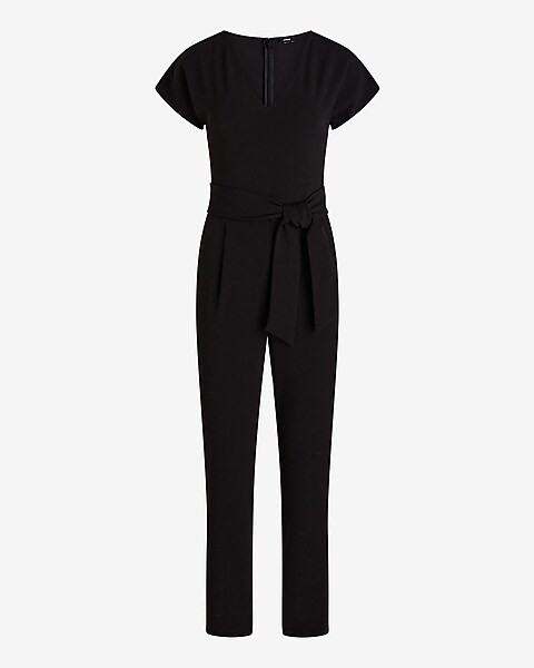 V-Neck Tie Waist Straight Leg Jumpsuit | Express