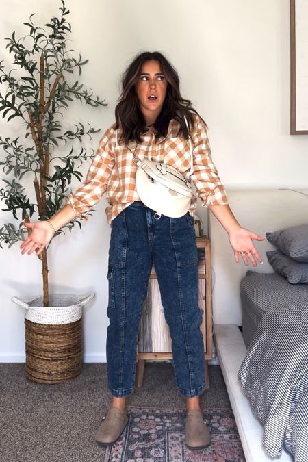 Mom style for fall in a plaid top and cargo denim that are super stretchy. Size 8 in the jeans (they run big) size L in top! Go up in size in the top for oversized look. 

#walmartpartner 

#LTKfindsunder50 #LTKstyletip #LTKmidsize