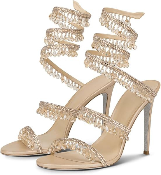 Rhinestone Tassel Wrap Around High Heels Stiletto Sandals for Women, Women's Colorful Diamonds Tw... | Amazon (US)