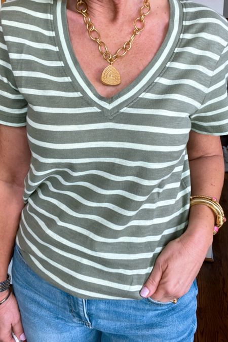 Stripes v neck tee on sale! Julie Vos Statement necklace that can be worn on the flip side. One of my favorite pair of jeans also on sale. Wearing size 26

#LTKSeasonal #LTKsalealert #LTKover40