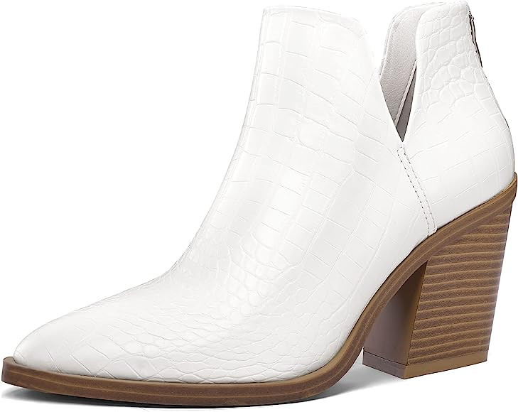 mysoft Women's Ankle Boots Slip on Cutout Pointed Toe Chunky Stacked Mid Heel Booties | Amazon (US)