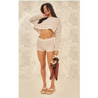 Taupe Stripe Textured Rib Hot Pants | PrettyLittleThing UK